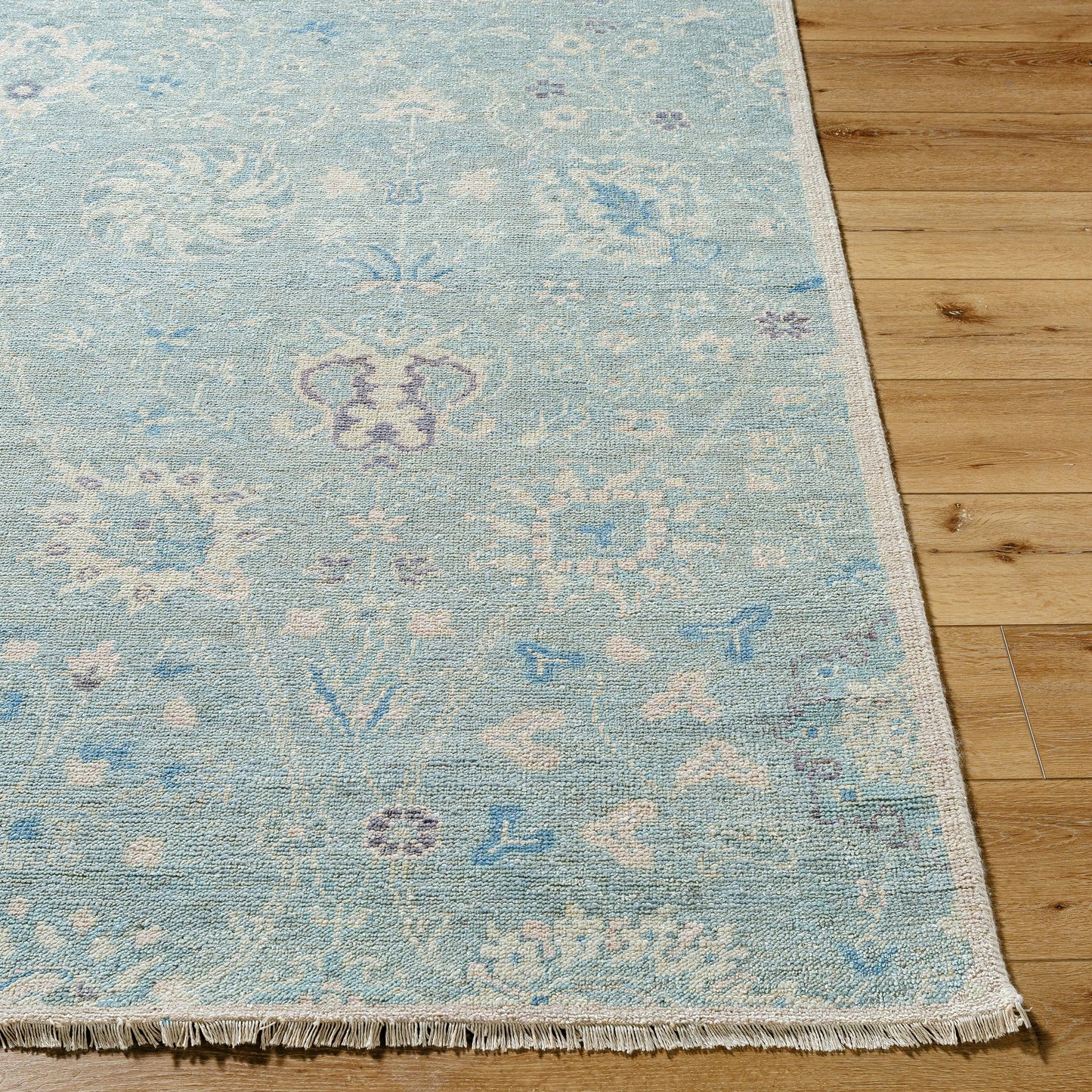 004 SI-2052283,SI-2052284,SI-2052285,SI-2052286,SI-2052287 | Closeup | Cappadocia Rug - 489787 by Surya in sky blue, powder blue, soft ivory, pale lavender, misty gray. Made from face: 100% wool, warp: 100% cotton in a unique style.