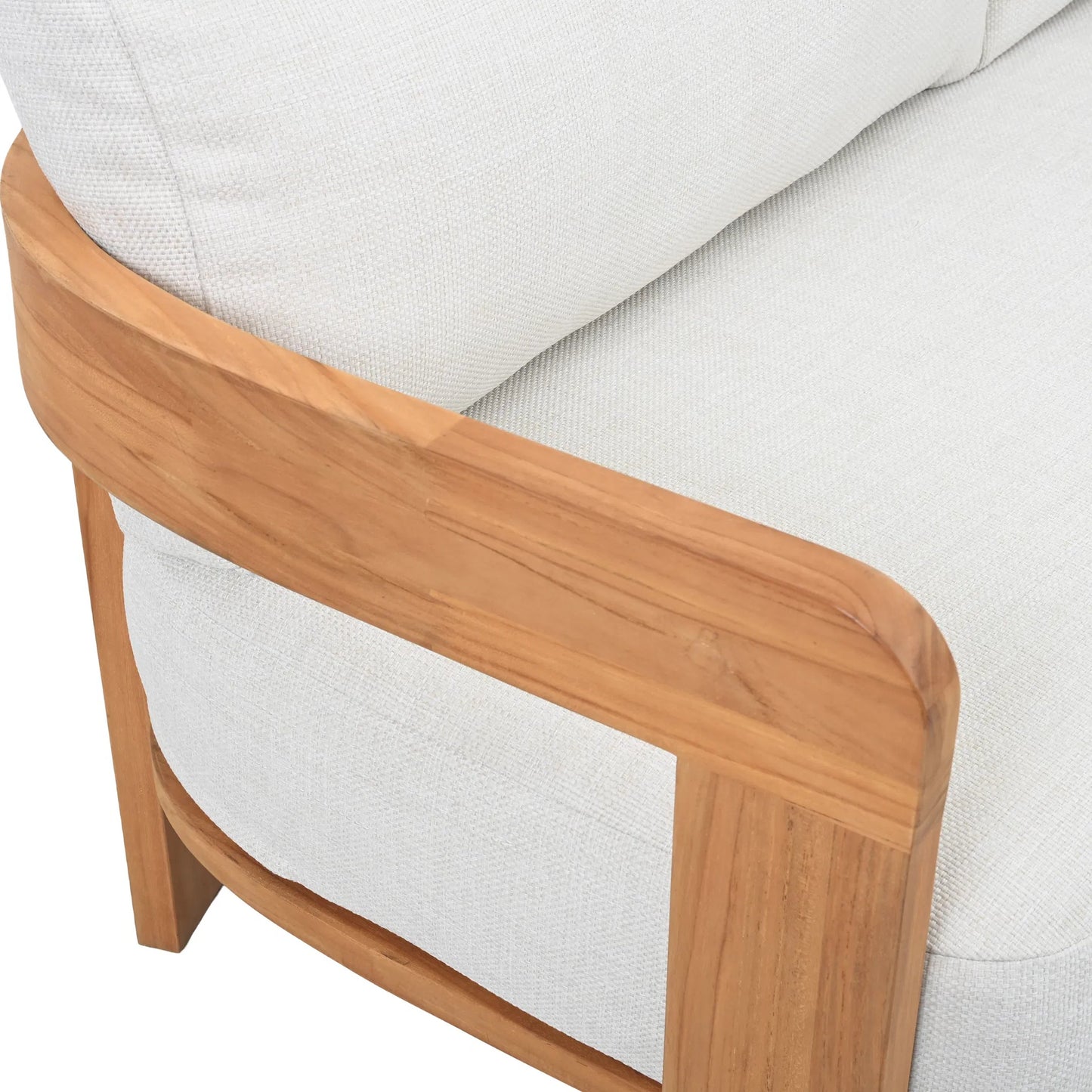 008 SI-2453896 | Closeup | Taylor Teak Patio Sofa by HedgeApple Essentials in white, natural teak. Made from teak, olefin, polyurethane foam in a transitional style.