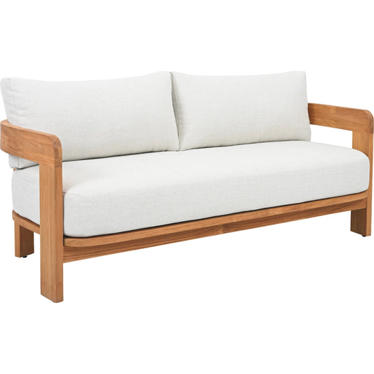 Taylor Teak Patio Sofa by HedgeApple Essentials in white, natural teak. Made from teak, olefin, polyurethane foam in a transitional style.