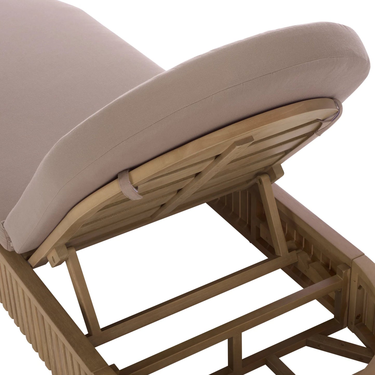 003 SI-2453919 | Closeup | Benewah Sun Lounger by HedgeApple Essentials in natural, brown. Made from eucalyptus wood, iron, spun polyester, polyfiber, fiber padding in a transitional style.