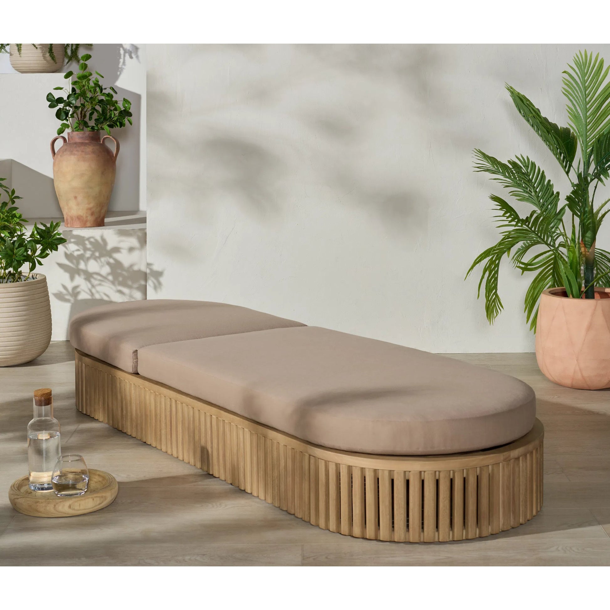 Benewah Sun Lounger by HedgeApple Essentials in natural, brown. Made from eucalyptus wood, iron, spun polyester, polyfiber, fiber padding in a transitional style.