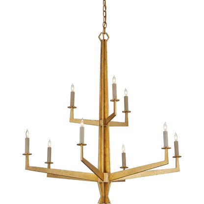 Goldfinch Chandelier by Currey and Company in washed lucerne gold. Made from wrought iron in a modern style.