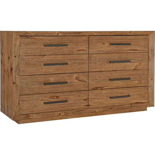 Big Sky Eight Drawer Dresser by Hooker Furniture in vintage natural. Made from pecky hickory veneers, cedar, solid-wood edged top in a modern style.