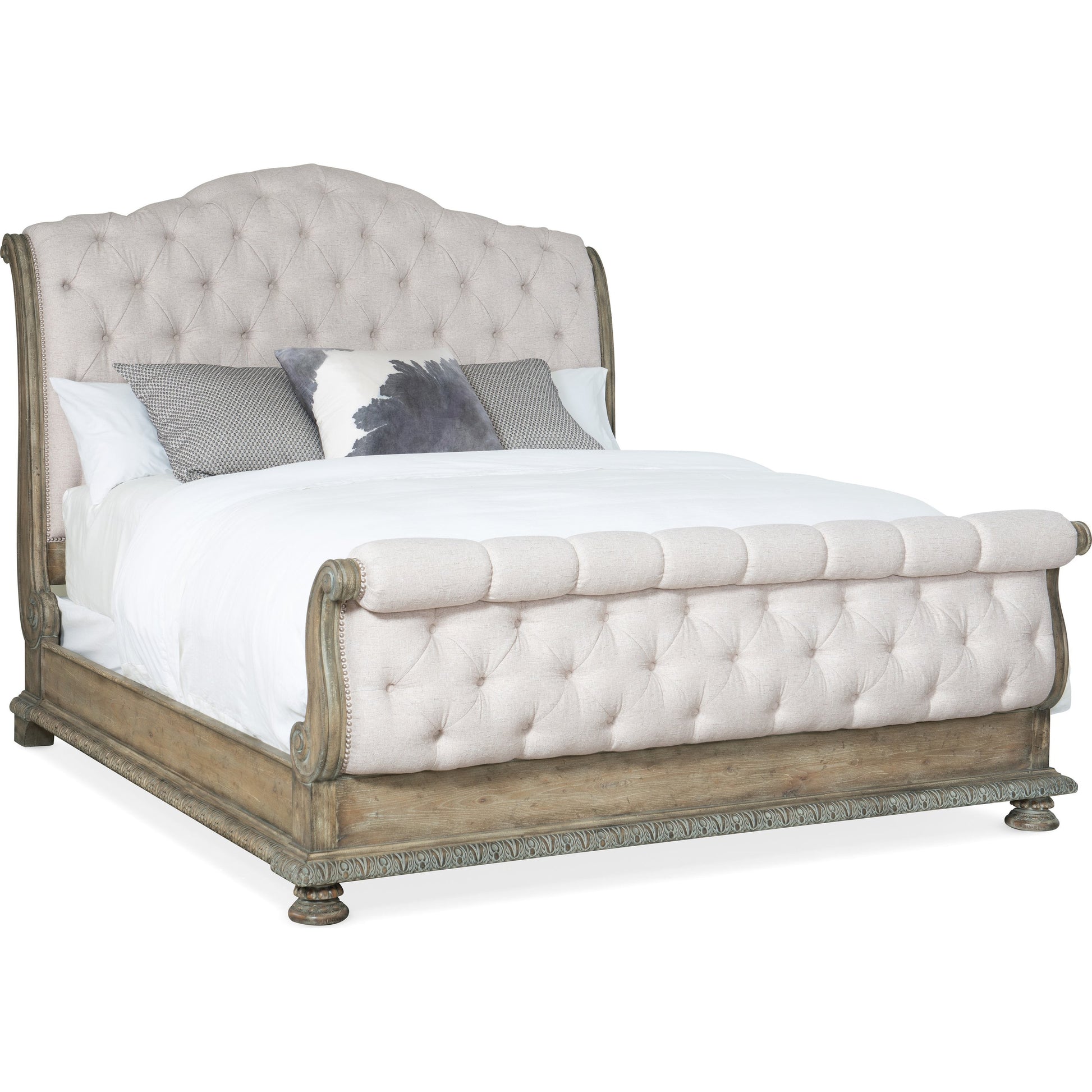Castella Tufted Bed by Hooker Furniture in beige and antique slate, natural tan. Made from pecan veneers, fabric in a traditional style.