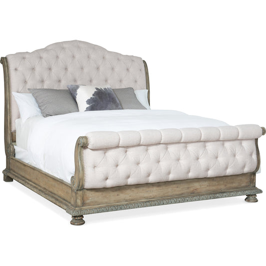 Castella Tufted Bed by Hooker Furniture in beige and antique slate, natural tan. Made from pecan veneers, fabric in a unique style.