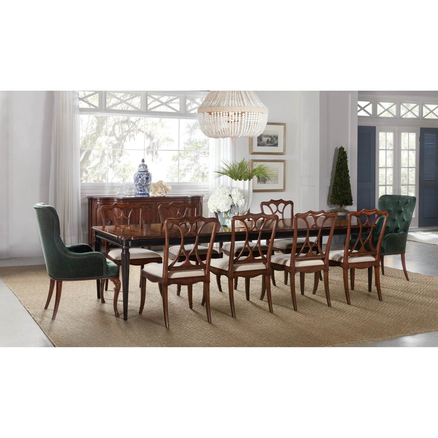 009 SI-2028992 | Lifestyle | Charleston Four-Door Buffet by Hooker Furniture in maraschino cherry. Made from cherry, maple, walnut veneers, maple inlay, solid-wood edge top in a traditional style.