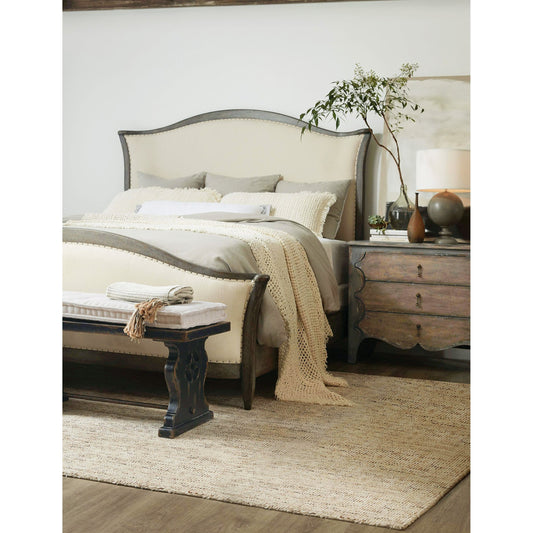 Ciao Bella Bench by Hooker Furniture in beige and black, tuscan white. Made from maple veneer, fabric, metal in a traditional style.