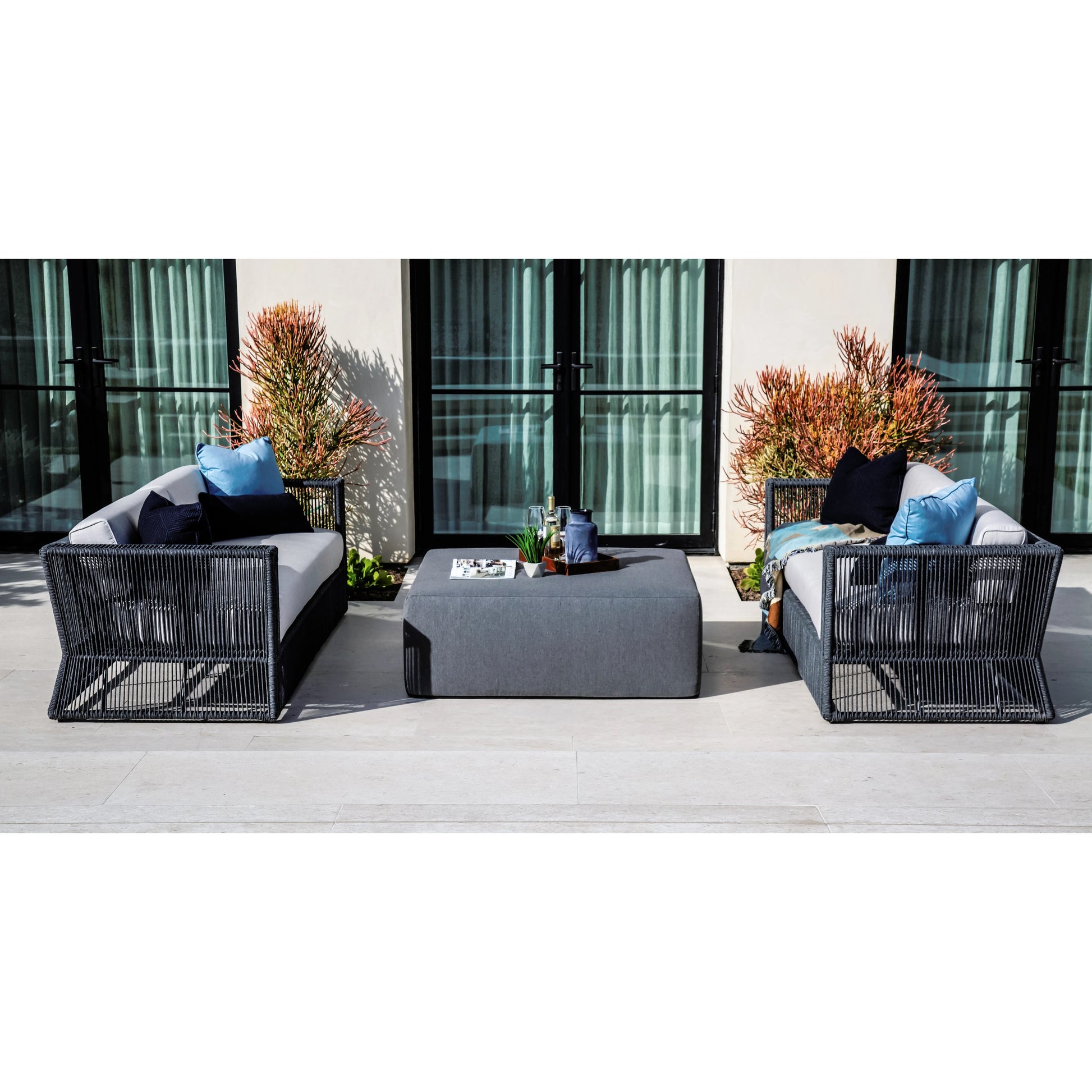 Milano Outdoor Sofa by Sunset West in slate. Made from olefin rope in a coastal style.