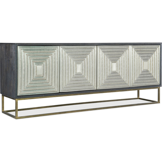 Commerce and Market Dimensions Credenza by Hooker Furniture in black, silver. Made from mango solids, silver clad, iron in a modern style.