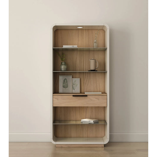 Portico Etagere by A.R.T. Furniture in sienna, white plaster. Made from parawood solids, mindi veneers, resin, glass in a modern style.
