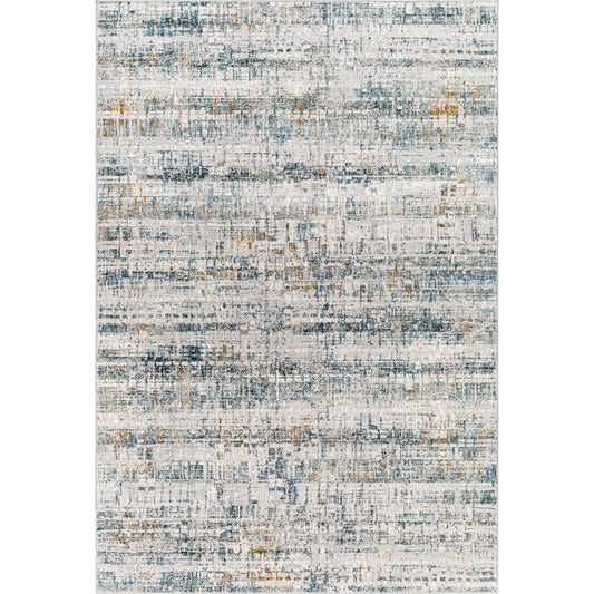 Carmel Rug by Livabliss in light gray, off-white, gray, mustard, brown, blue. Made from 100% polyester in a modern style.
