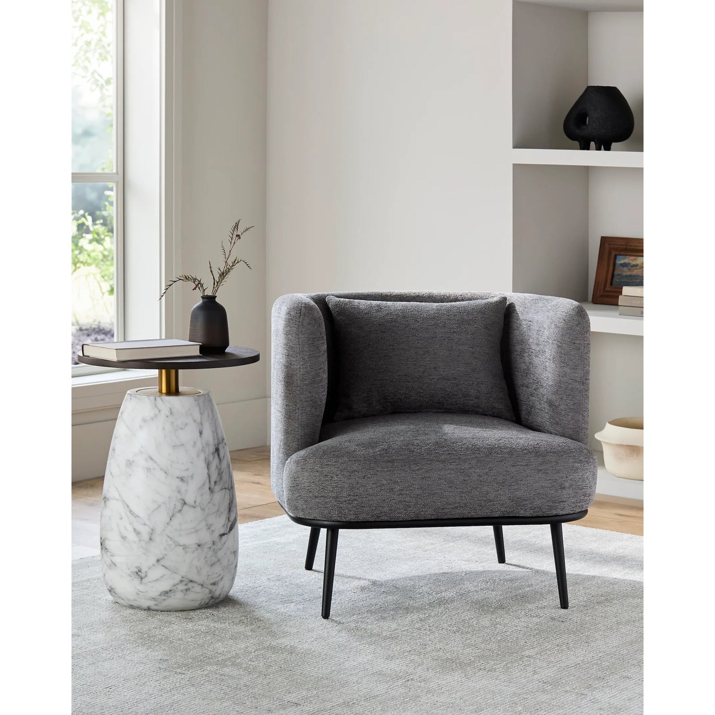 005 SI-2132725 | Lifestyle | Carmine Accent Chair - 527345 by Livabliss in gray. Made from upholstery: polyester, base: metal, fill: 90% polyurethane foam, 10% polyester, polyfill in a modern style.