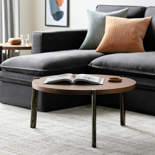Caro Coffee Table - 497515 by Surya in brown. Made from top: manufactured wood, base: stainless steel in a modern style.