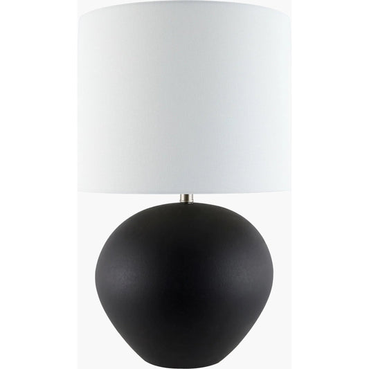 Chronos Accent Table Lamp by Surya in body: black; shade (outside): cream; shade (inside): white; finial: metallic - nickel; harp: metallic - nickel; cord: translucent and glazedplated. Made from ceramic, linen, iron in a mo
