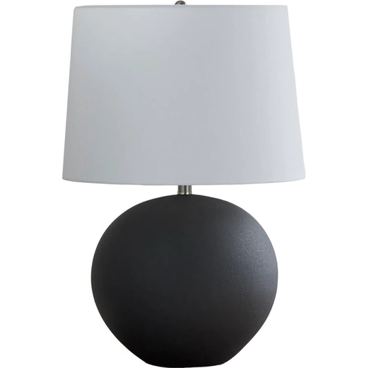 Chronos Accent Table Lamp by Surya in body: black; shade (outside): cream; shade (inside): white; finial: metallic - nickel; harp: metallic - nickel; cord: translucent and glazedplated. Made from ceramic, linen, iron in a uniqu