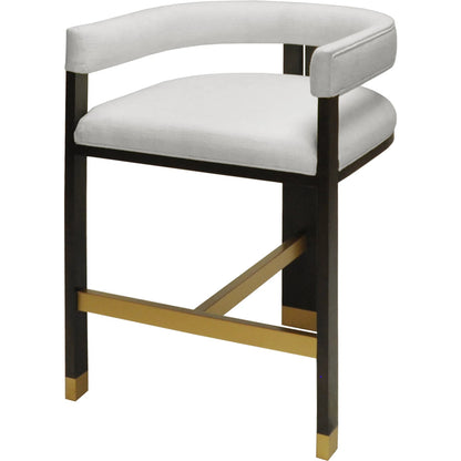 Cruise Modern Wooden Accent Counter Stool by Worlds Away in dark espresso oak, white linen. Made from oak solids, plywood, foam, fabric, metal in a modern style.