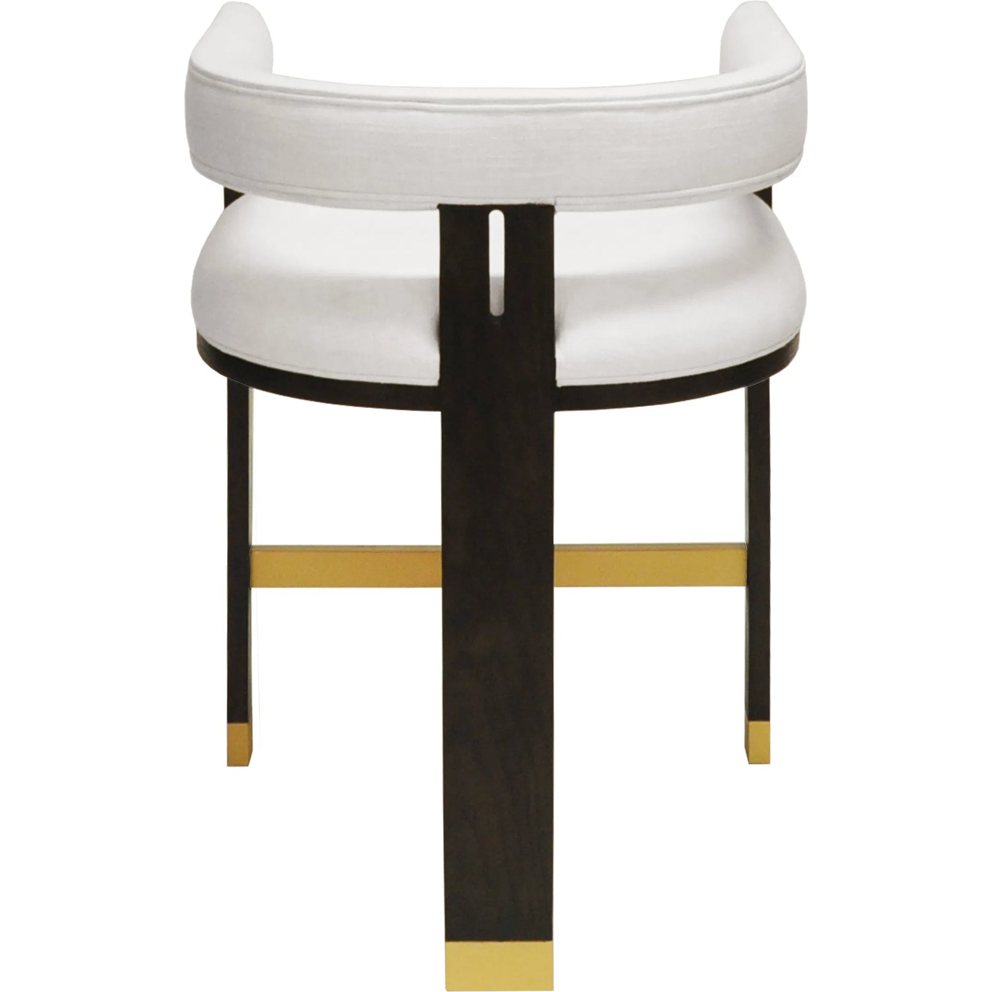 Cruise Modern Wooden Accent Counter Stool by Worlds Away in dark espresso oak, white linen. Made from oak solids, plywood, foam, fabric, metal in a modern style.