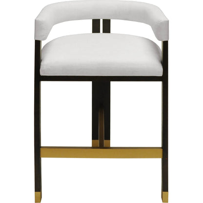 Cruise Modern Wooden Accent Counter Stool by Worlds Away in dark espresso oak, white linen. Made from oak solids, plywood, foam, fabric, metal in a modern style.