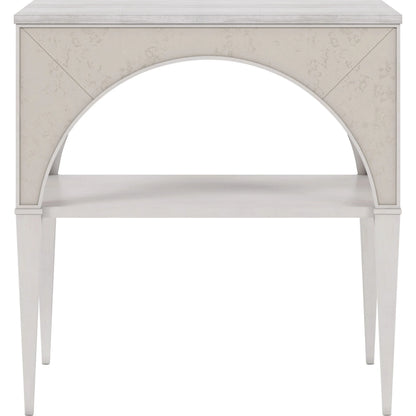 Mezzanine Night Table by A.R.T. Furniture in dove gray. Made from parawood, poplar solids, maple veneer, mirror, travertine in a modern style.