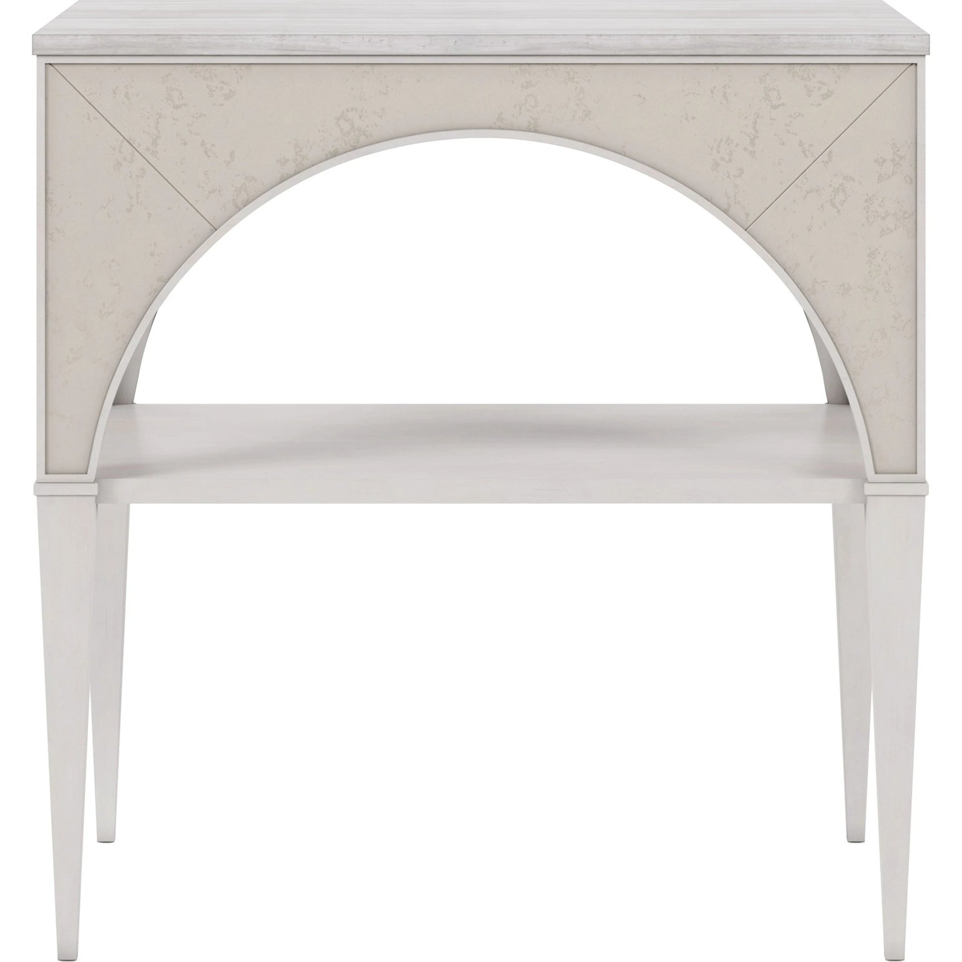 Mezzanine Night Table by A.R.T. Furniture in dove gray. Made from parawood, poplar solids, maple veneer, mirror, travertine in a modern style.