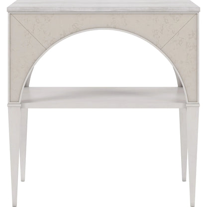 Mezzanine Night Table by A.R.T. Furniture in dove gray. Made from parawood, poplar solids, maple veneer, mirror, travertine in a modern style.