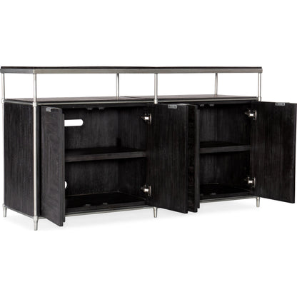 St. Armand Black Entertainment Console by Hooker Furniture in black, pewter. Made from acacia solids with round metal tube, metal sheet in a modern style.