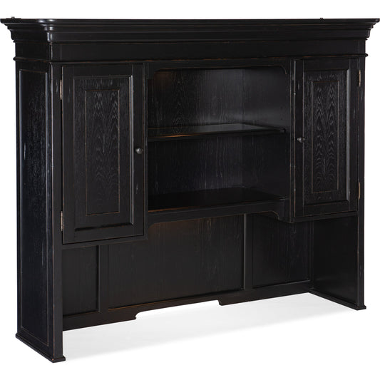 Bristowe Credenza Hutch by Hooker Furniture in tuxedo black. Made from pecan veneers in a unique style.