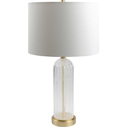 Crassula Accent Lamp - 500293 by Livabliss in clear, brass. Made from body: glass, metal, shade (outside): cotton, finial: metal in a modern style.