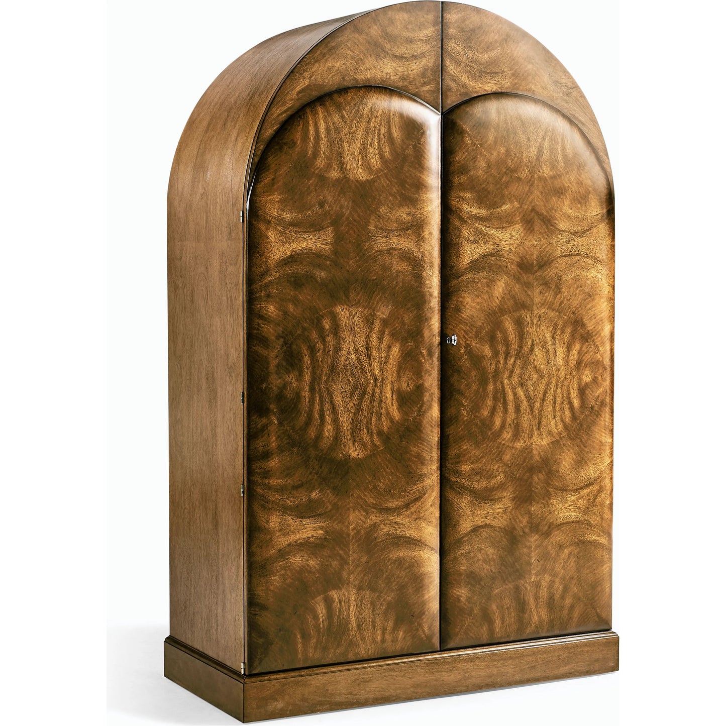 001 SI-2186349 | Primary Silo | Jacques Bar Armoire by Jonathan Charles in brown and natural cerejeira. Made from crotch cerejeira veneers, flat cut mahogany veneers, mirror, stone, eggshell, brass in a modern style.