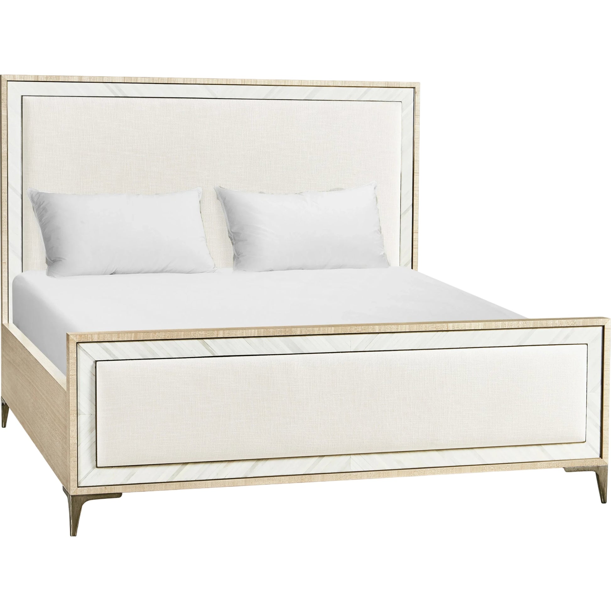 Water Tideline Bone & Linen King Upholstered Bed by Jonathan Charles in dyed koto. Made from dyed koto veneer, faux bone, metal, foam, fabric in a modern style.