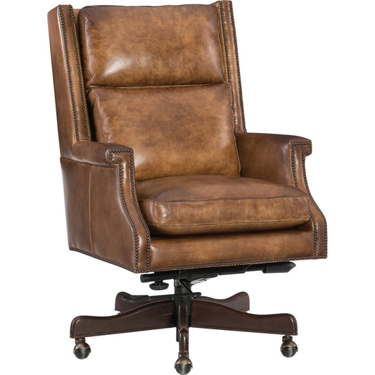 Beckett Executive Swivel Tilt Chair by Hooker Furniture in brown. Made from leather in a traditional style.