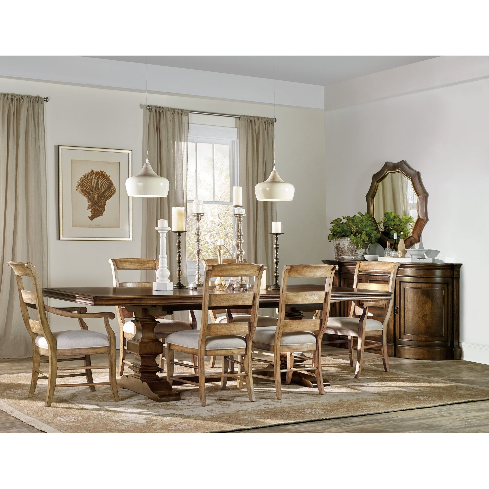 Archivist Trestle Table by Hooker Furniture in pecan. Made from pecky pecan veneers in a cottage & farmhouse style.