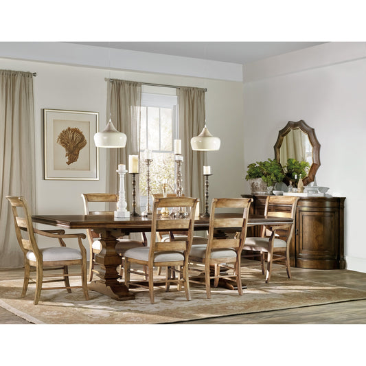 Archivist Trestle Table by Hooker Furniture in pecan. Made from pecky pecan veneers in a cottage & farmhouse style.