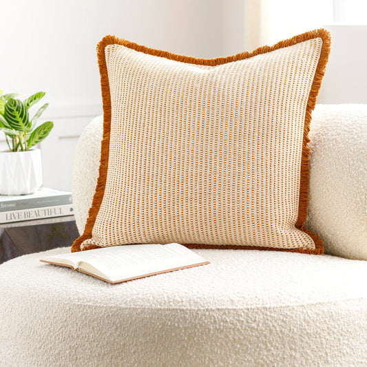 Cotton Fringe Pillow - 31965 by Livabliss in pearl, ash, off-white, sepia, camel, light brown, khaki. Made from front: 100% cotton, back: 100% cotton in a cottage & farmhouse style.
