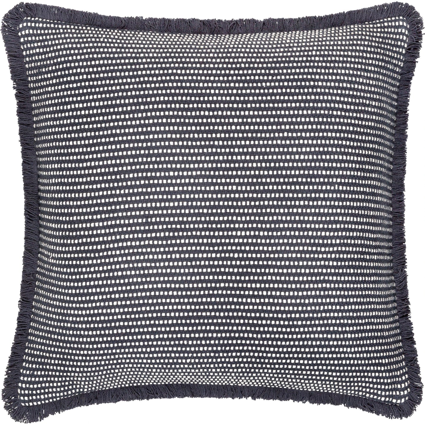 001 SI-1915729,SI-1915730,SI-1915731,SI-1915732,SI-1915733 | Primary Silo | Cotton Fringe Pillow - 32931 by Livabliss in steel grey, off-white, slate blue, metallic - silver. Made from front: 100% cotton, back: 100% cotton in a cottage & farmhouse style.