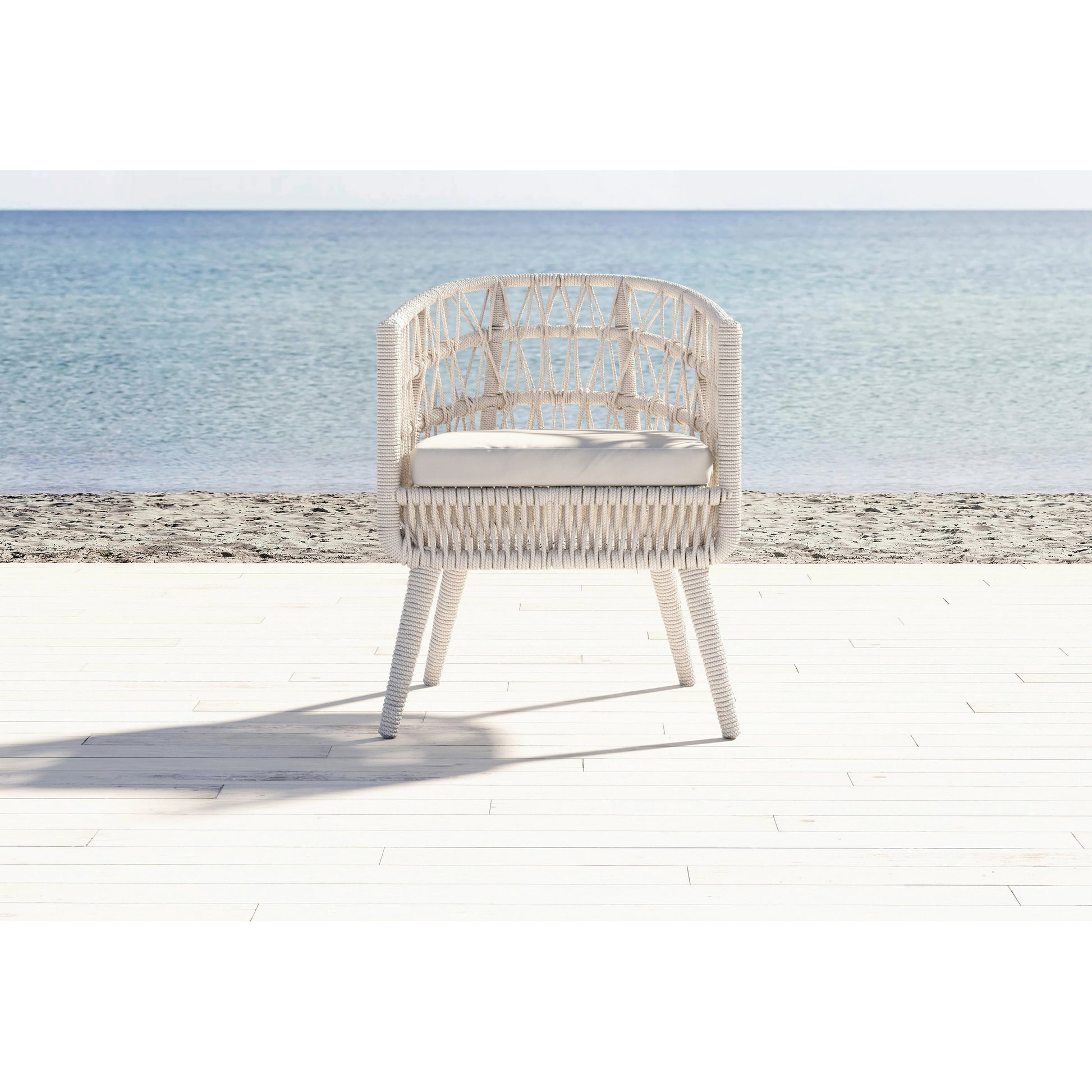 Dana Outdoor Rope Dining Chair in Linen by Sunset West in natural. Made from olefin rope in a coastal style.