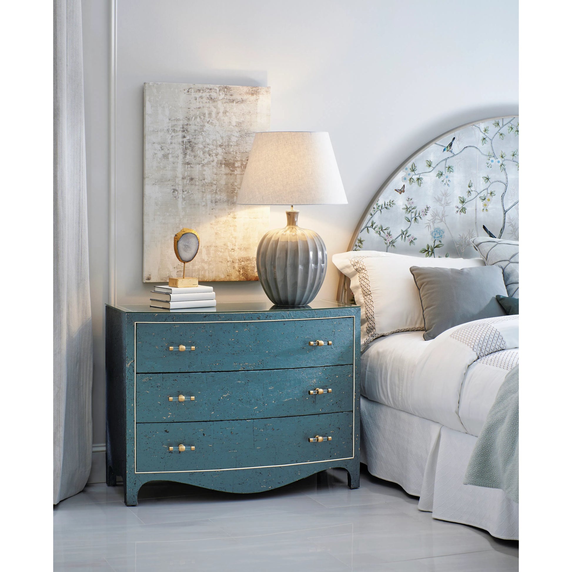 Shimmering Moon Half Round King Panel Bed by Jonathan Charles in white and painted silverleaf. Made from beech wood in a modern style.