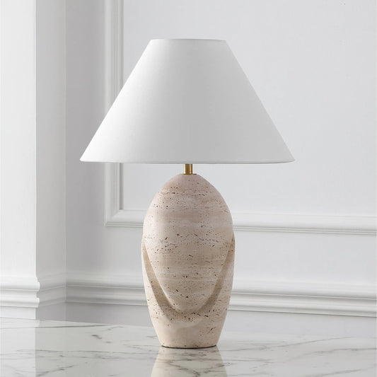 Maries Travertine Table Lamp by HedgeApple Essentials in travertine, white. Made from iron, brass in a unique style.