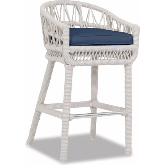 Dana Outdoor Rope Bar Stool in Linen by Sunset West in whites/creams/beiges. Made from olefin rope in a coastal style.