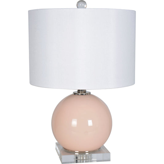 Delia Accent Lamp by Couture Lamps in blush pink reverse-painted glass, optic crystal base, polished steel. Made from glass, optic crystal, polished steel in a transitional style.