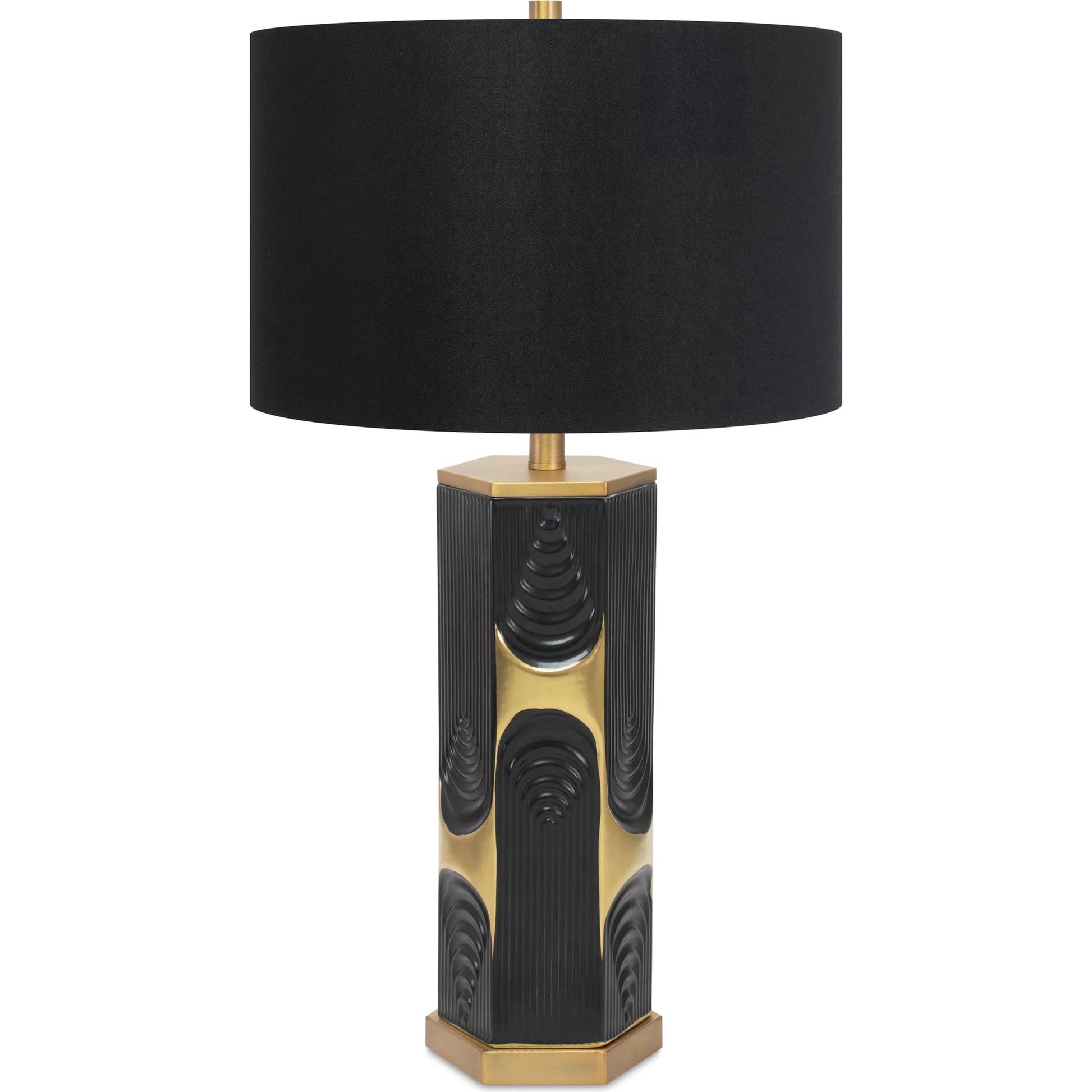 Hex Table Lamp by Couture Lamps in matte black, metallic gold. Made from ceramic, metal, linen in a unique style.