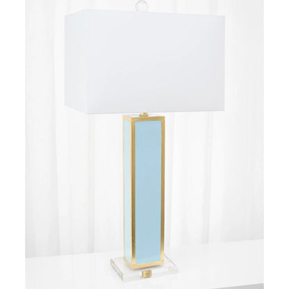 Blair Table Lamp by Couture Lamps in calypso blue, silver leaf. Made from resin, mdf, crystal, linen in a unique style.