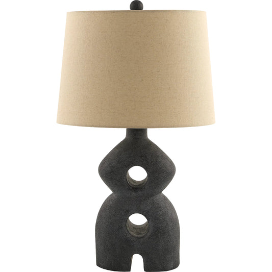 Cueli Accent Table Lamp by Livabliss in body: black; shade: white; finial: black; harp: metallic - nickel; cord: translucent and paintedplated. Made from resin, linen, polyester in a unique style.