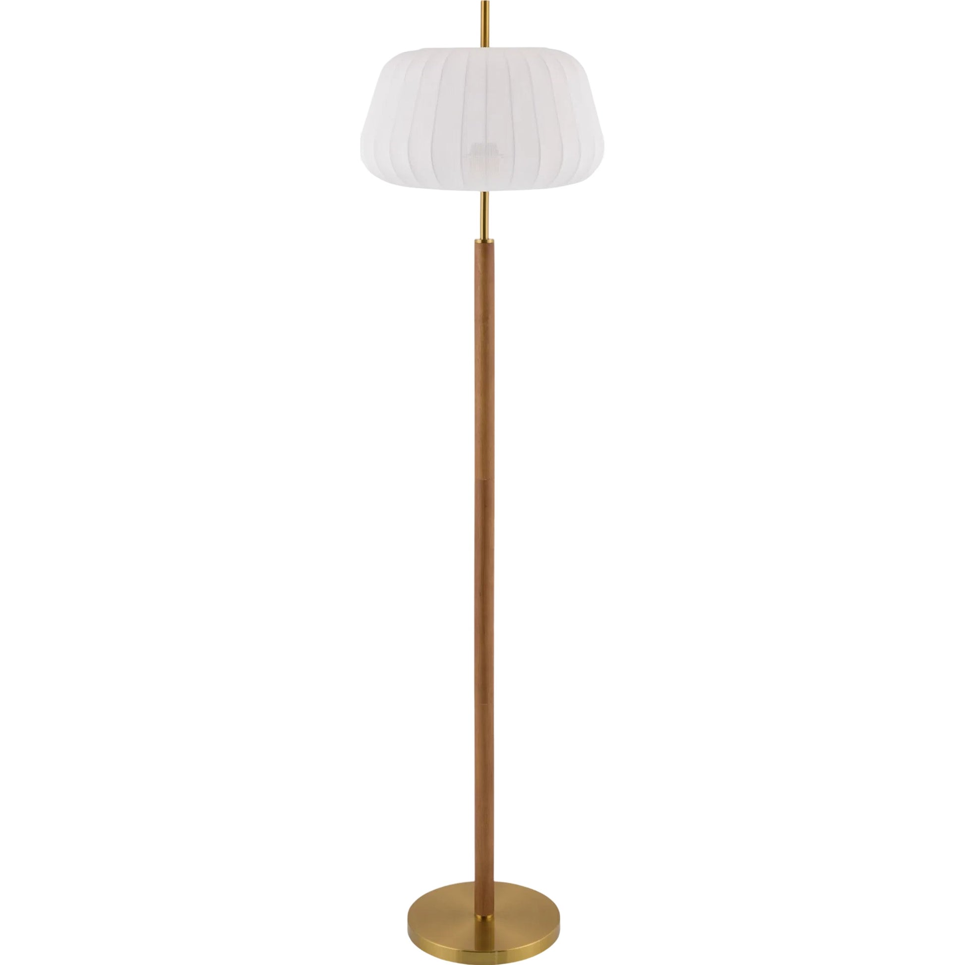 Ceduna Accent Floor Lamp II by Livabliss in body: dark brown; base: metallic - brass; shade: white; finial: metallic - brass; harp: metallic - nickel; cord: black and hand painted. Made from rubber wood, iron, cotton in a mo