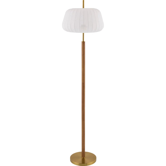 Ceduna Accent Floor Lamp II by Livabliss in body: dark brown; base: metallic - brass; shade: white; finial: metallic - brass; harp: metallic - nickel; cord: black and hand painted. Made from rubber wood, iron, cotton in a un