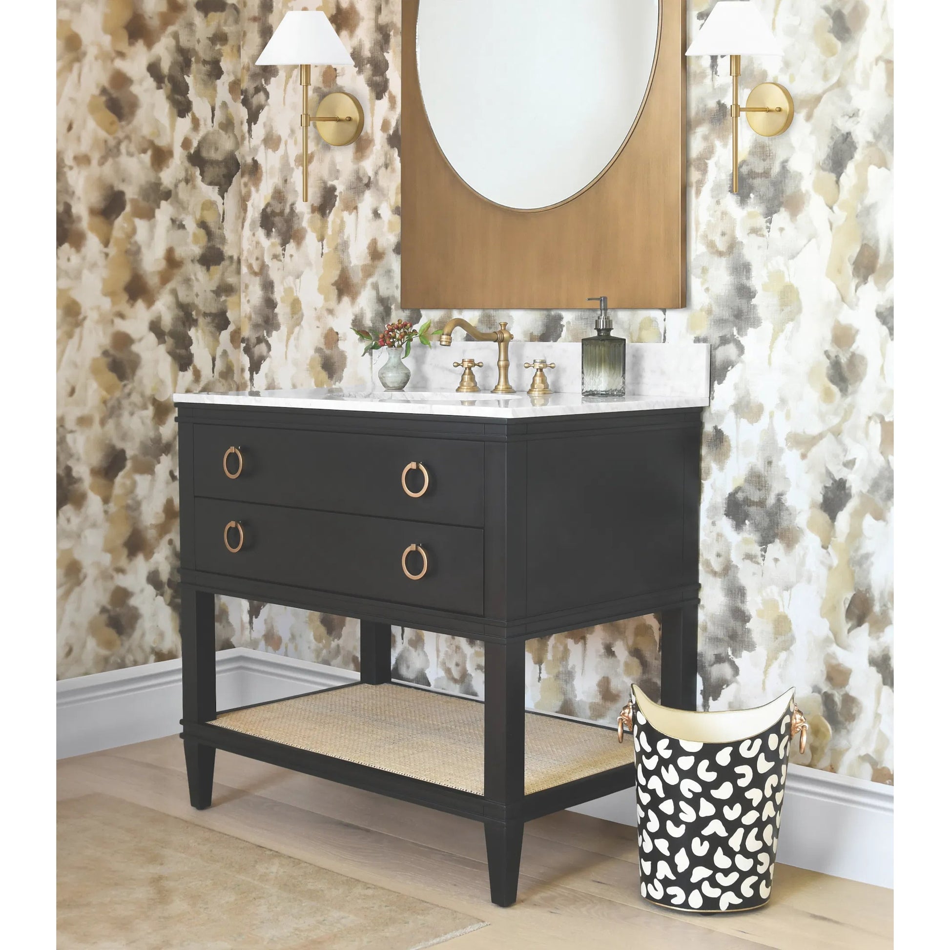 Cutler 36" Bath Vanity by Worlds Away. Made from hardwood solids, mdf, veneer, rattan, metal, marble, porcelain in a transitional style.