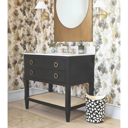 Cutler 36" Bath Vanity by Worlds Away. Made from hardwood solids, mdf, veneer, rattan, metal, marble, porcelain in a transitional style.