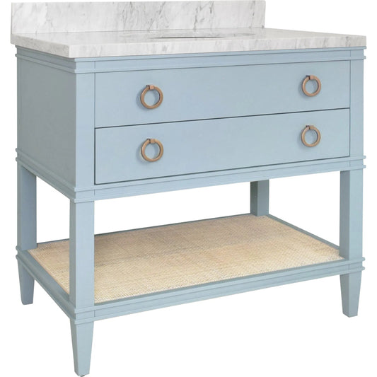 Cutler 36" Bath Vanity by Worlds Away. Made from hardwood solids, mdf, veneer, rattan, metal, marble, porcelain in a transitional style.
