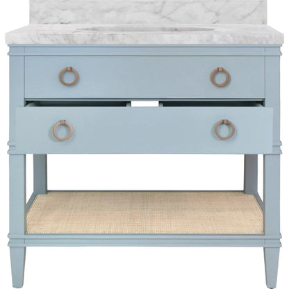 Cutler 36" Bath Vanity by Worlds Away. Made from hardwood solids, mdf, veneer, rattan, metal, marble, porcelain in a transitional style.