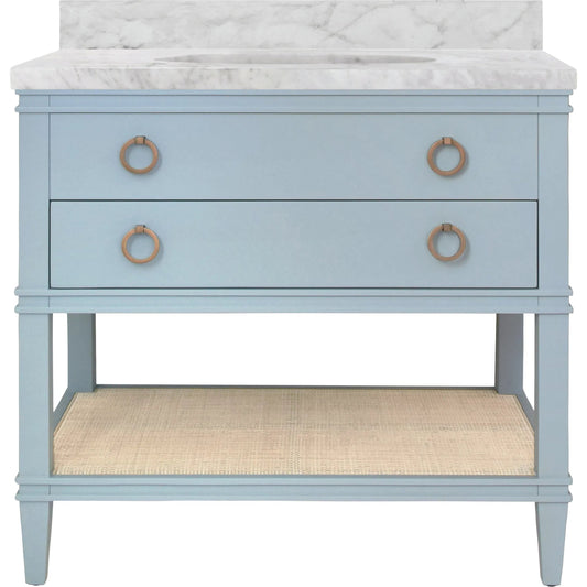 Cutler 36" Bath Vanity by Worlds Away. Made from hardwood solids, mdf, veneer, rattan, metal, marble, porcelain in a transitional style.